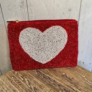 Beaded Coin Purse Red Wallet Red White Heart Gift Travel Pouch New FAST SHIP